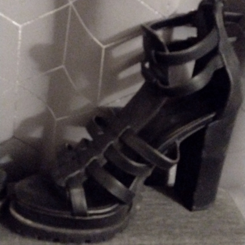 Black, sandal style, platform party shoes.